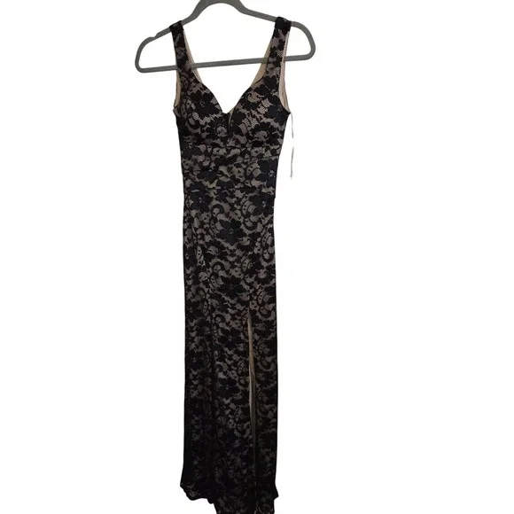 Emerald Sundae Womens Black Lace Nude Lining V-Neck Maxi Dress Size XS Slit - Picture 4 of 4